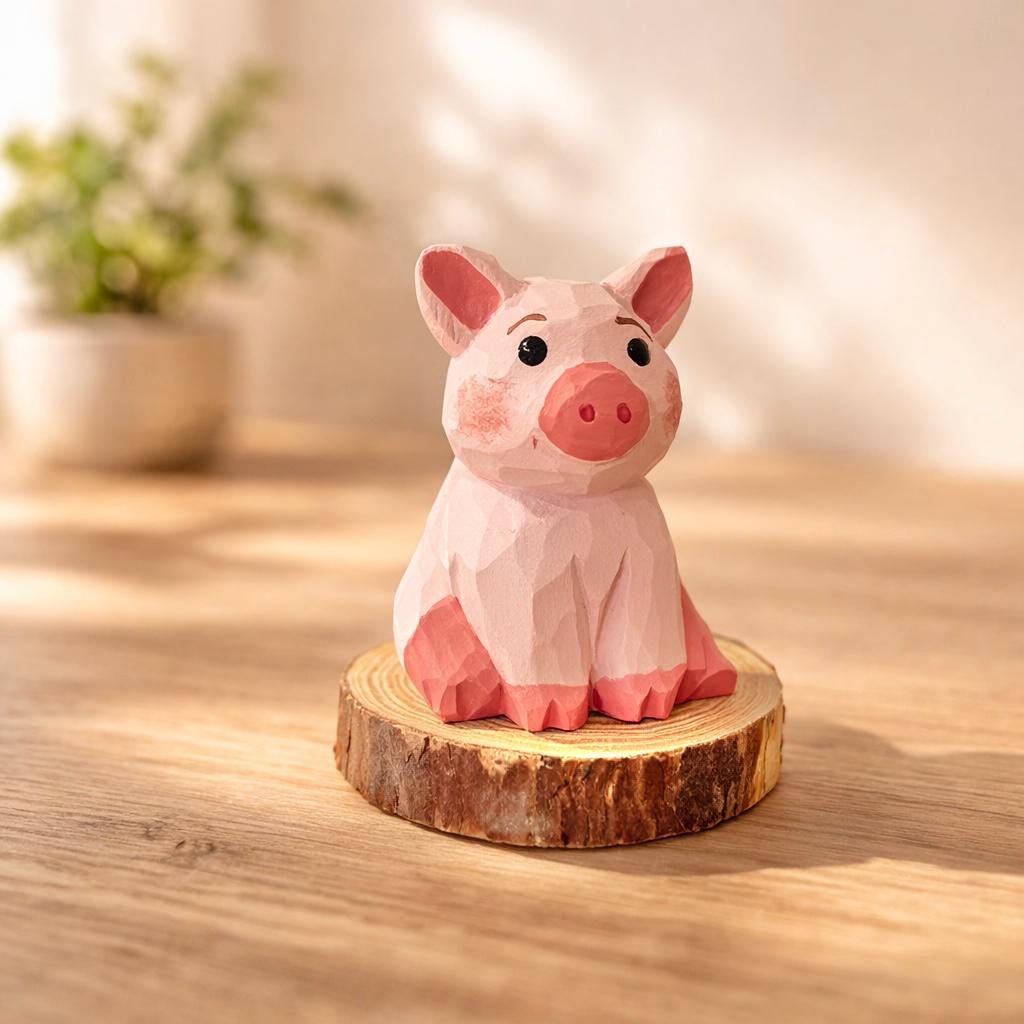 Japanese Style Miniature Wooden Pig Figurine, Hand Carved Basswood Zodiac Pig Sculpture, Cute Desk Decor Animal Statue, Home Ornament, Gift