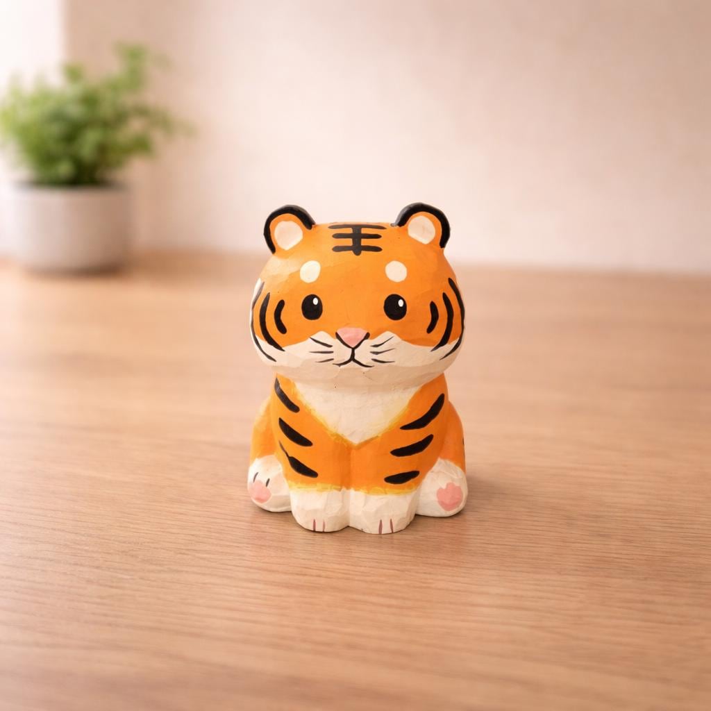 Japanese Style Miniature Wooden Tiger Figurine, Hand Carved Basswood Zodiac Tiger Sculpture, Cute Animal Desk Decor, Home Ornament, Gift