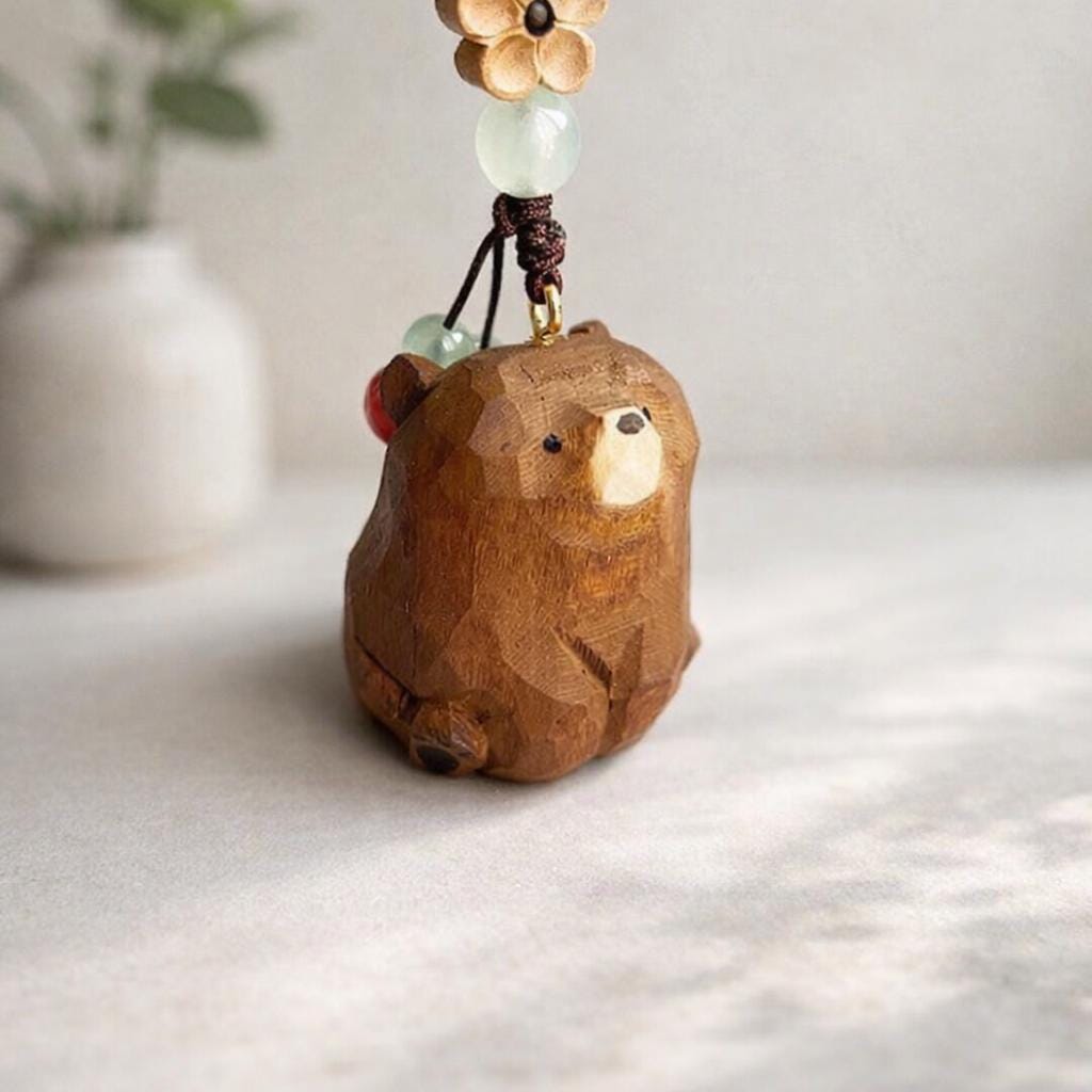 Japanese Hand Carved Wooden Bear Keychain, Cute Bag Charm, Handmade Wood Bear Pendant, Lucky Peace Charm Key Ring, Backpack, Phone Charm