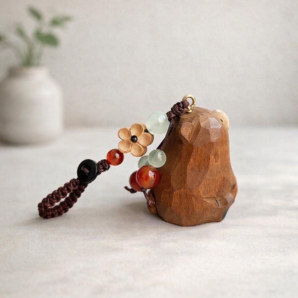 Japanese Hand Carved Wooden Bear Keychain, Cute Bag Charm, Handmade Wood Bear Pendant, Lucky Peace Charm Key Ring, Backpack, Phone Charm