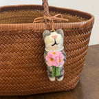 Handmade Felt Cat Bag Charm, Cute Wool Kitty Keychain, Animal Backpack Charm with Flowers, Soft Felt Ornament, Gift for Cat Lover