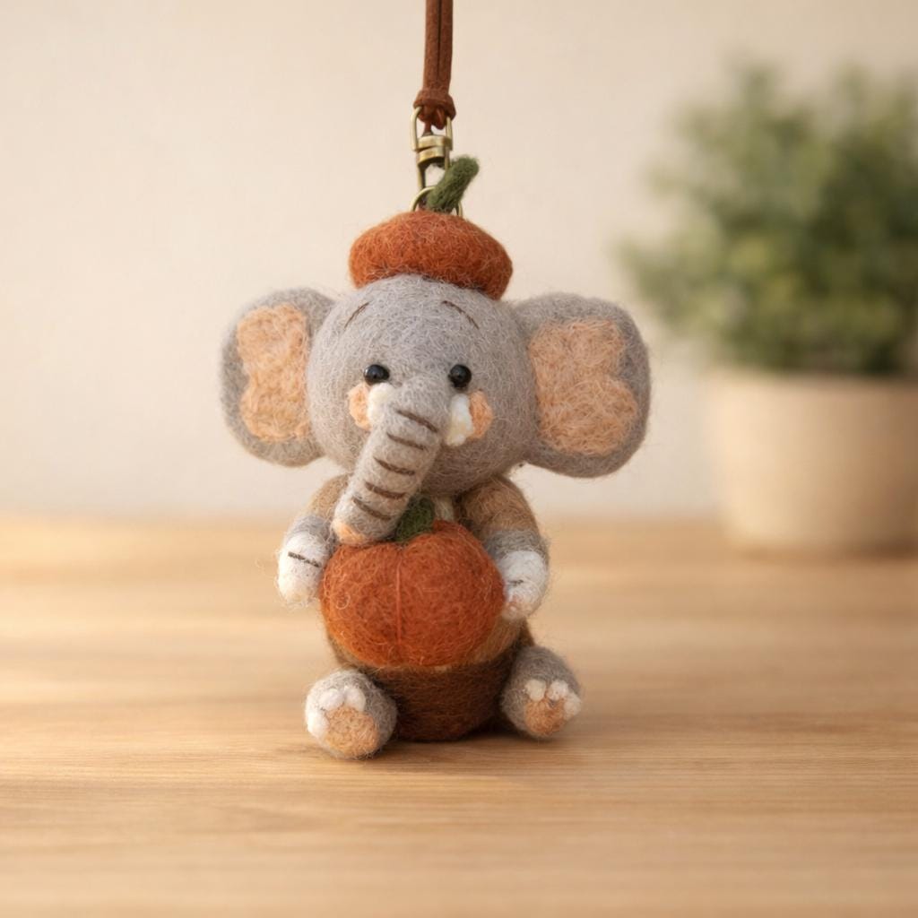 Handmade Felt Elephant Bag Charm, Cute Wool Elephant Keychain, Pumpkin Animal Backpack Charm, Soft Fall Ornament, Gift for Her