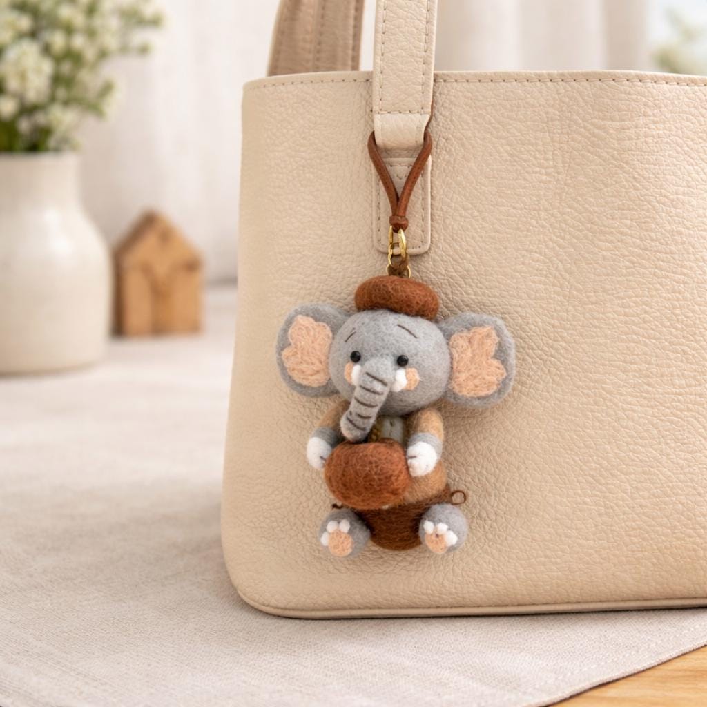 Handmade Felt Elephant Bag Charm, Cute Wool Elephant Keychain, Pumpkin Animal Backpack Charm, Soft Fall Ornament, Gift for Her