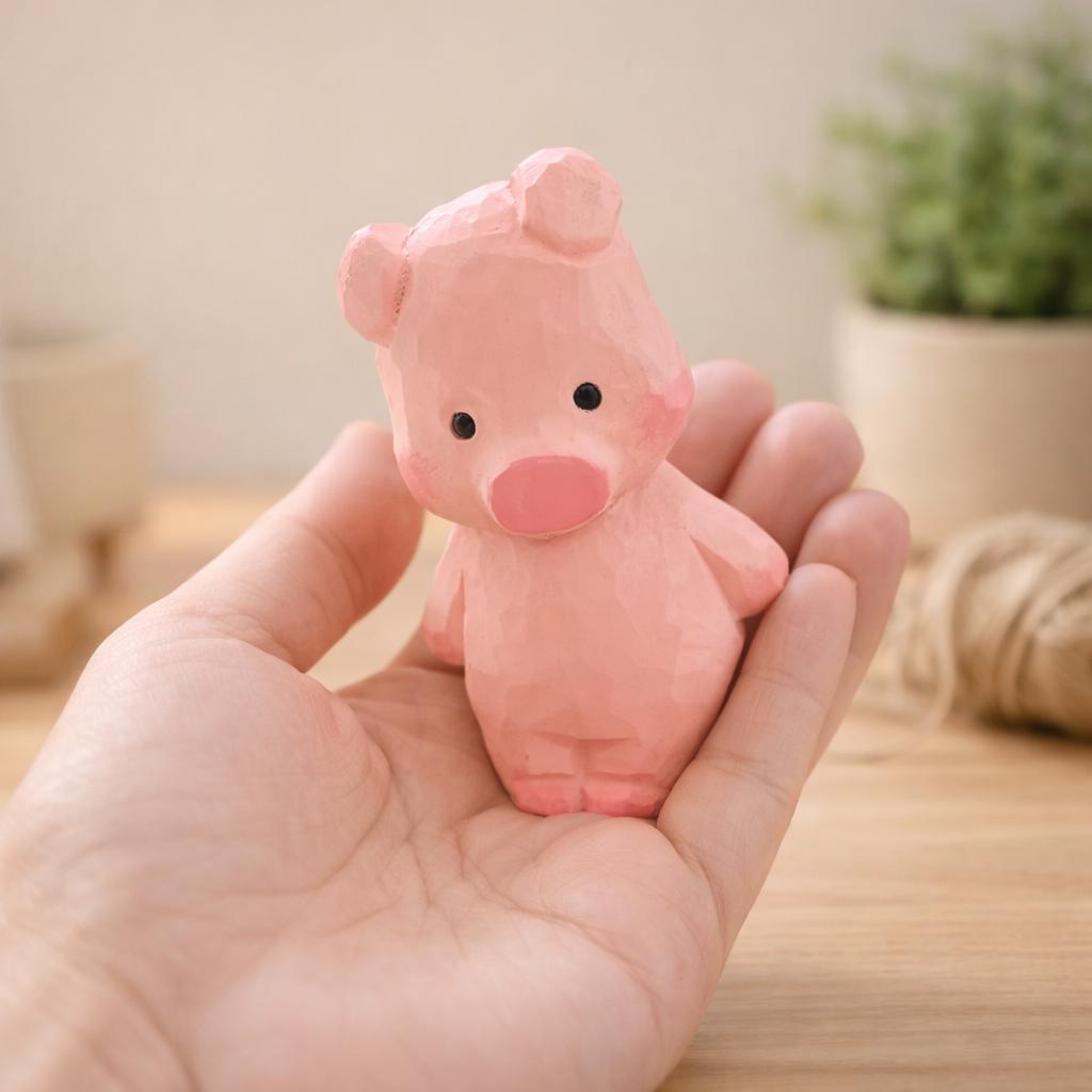 Hand Carved Japanese Style Wooden Pig Figurine, Cute Pink Basswood Animal Sculpture, Home & Office Desk Decor, Gift for Friends