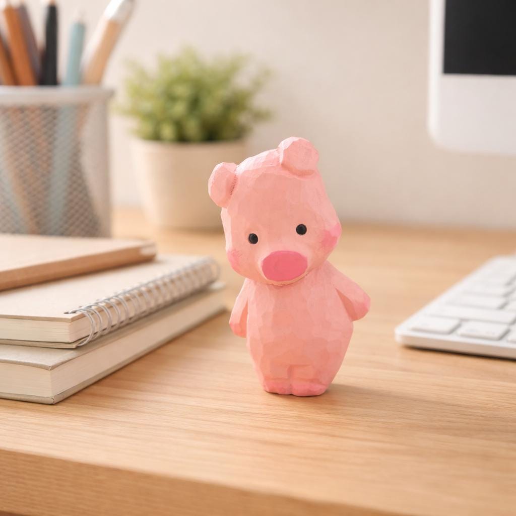 Hand Carved Japanese Style Wooden Pig Figurine, Cute Pink Basswood Animal Sculpture, Home & Office Desk Decor, Gift for Friends