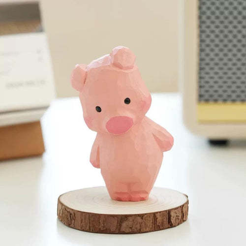 Hand Carved Japanese Style Wooden Pig Figurine, Cute Pink Basswood Animal Sculpture, Home & Office Desk Decor, Gift for Friends