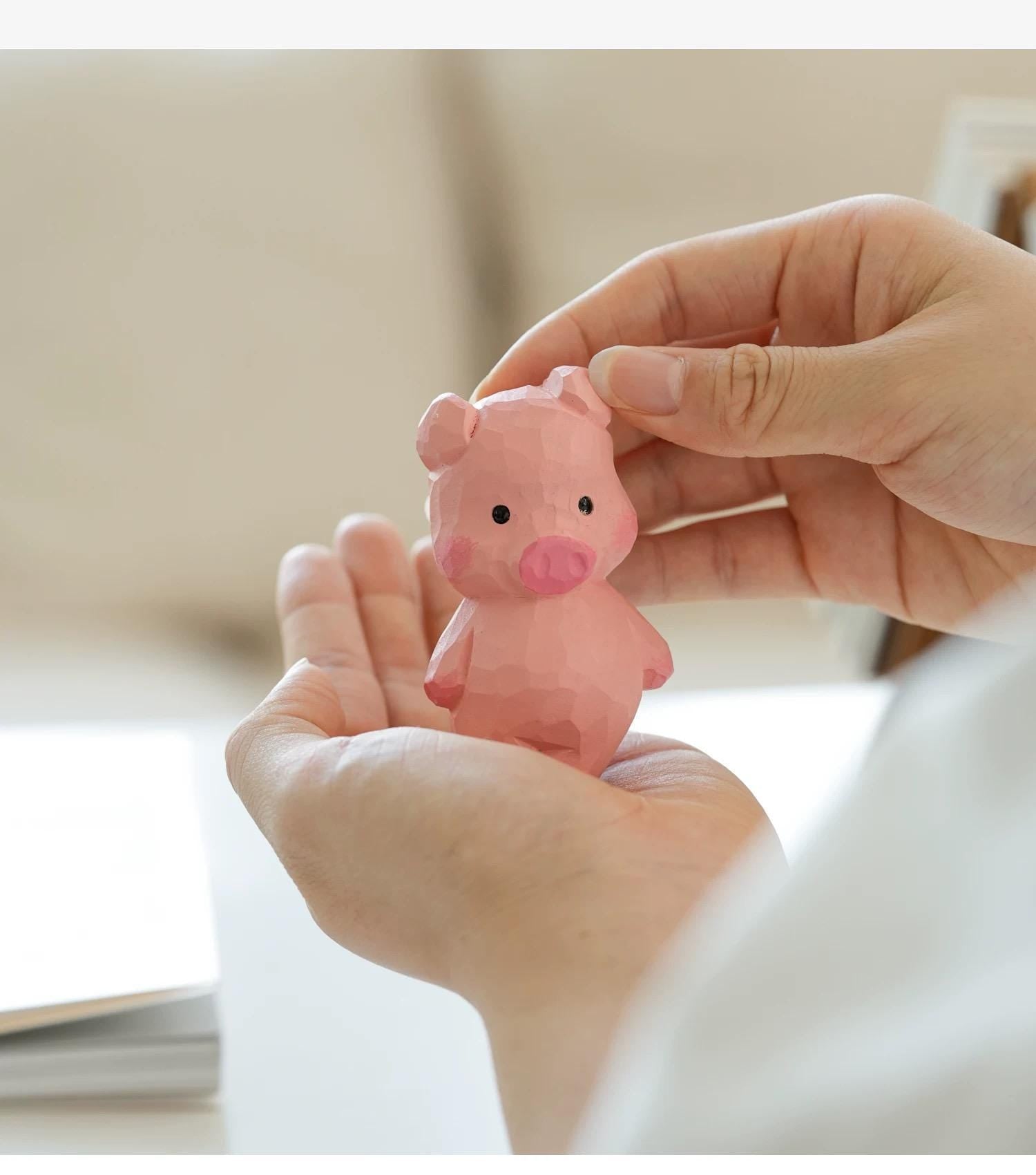 Hand Carved Japanese Style Wooden Pig Figurine, Cute Pink Basswood Animal Sculpture, Home & Office Desk Decor, Gift for Friends