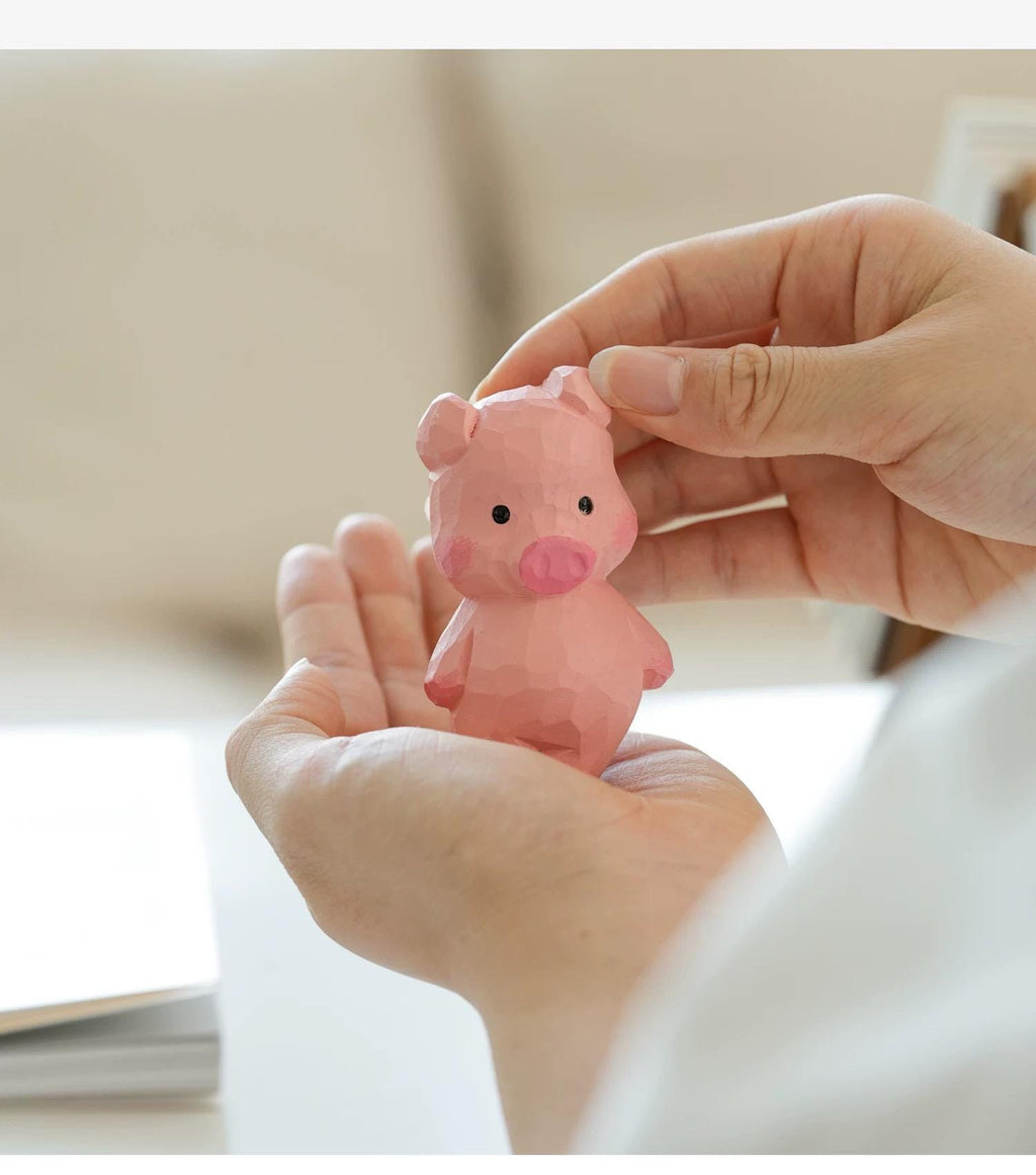 Hand Carved Japanese Style Wooden Pig Figurine, Cute Pink Basswood Animal Sculpture, Home & Office Desk Decor, Gift for Friends