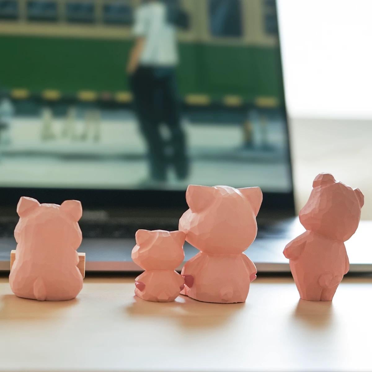 Hand Carved Japanese Style Wooden Pig Figurine, Cute Pink Basswood Animal Sculpture, Home & Office Desk Decor, Gift for Friends