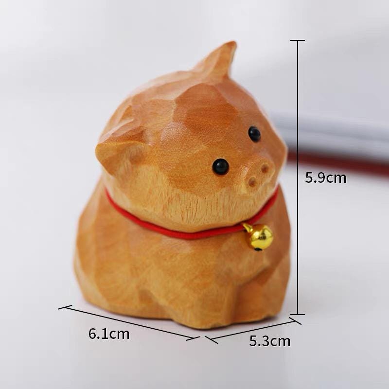 Hand Carved Wooden Pig Figurine, Cute Basswood Animal Sculpture with Bell, Desk Decor Gift