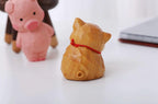 Hand Carved Wooden Pig Figurine, Cute Basswood Animal Sculpture with Bell, Desk Decor Gift