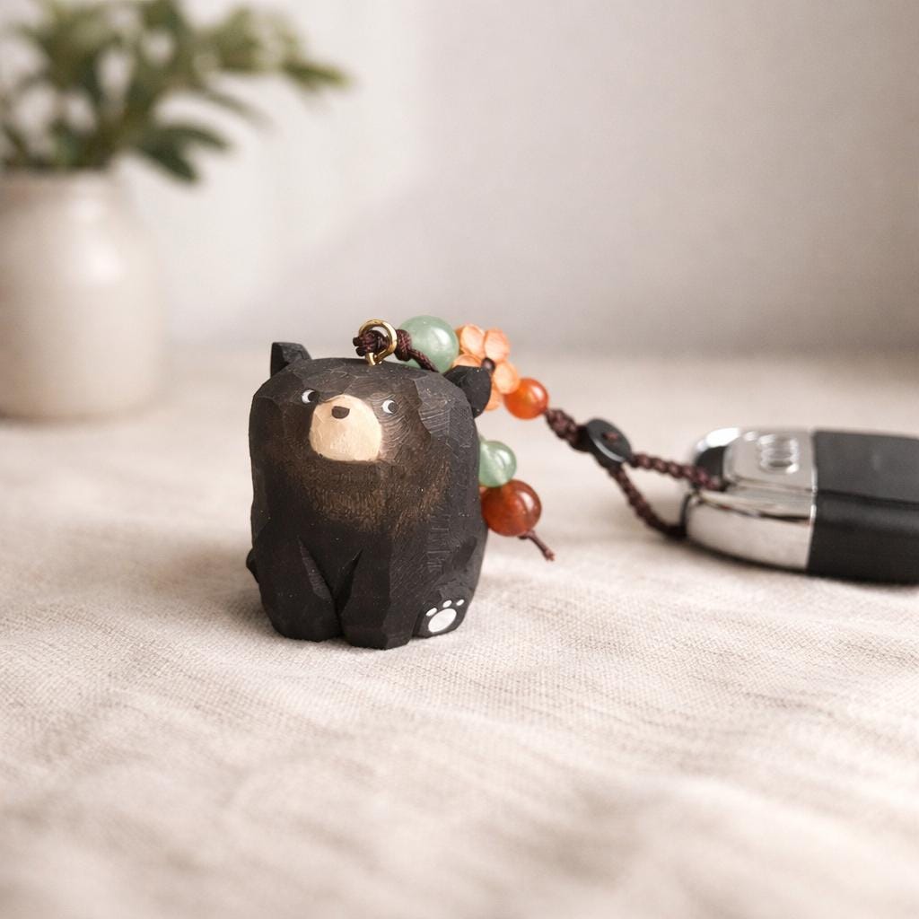 Hand Carved Wooden Bear Keychain, Cute Bear Bag Charm, Handmade Linden Wood Animal Keyring, Phone Charms, Car Key Pendant, Woodland Gift