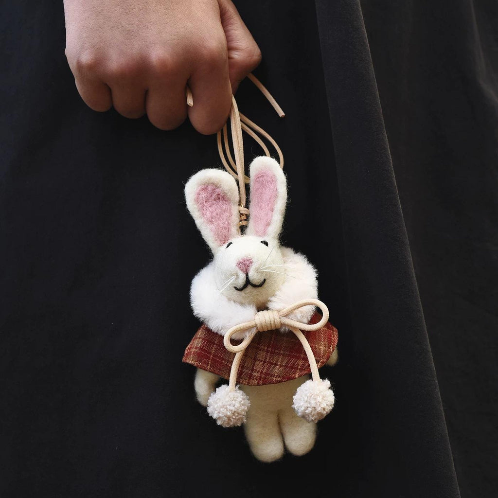 Handmade Felt Bunny Keychain, Winter Rabbit Bag Charm with Plaid Cape, Cute Wool Animal Pendant Gift for Her