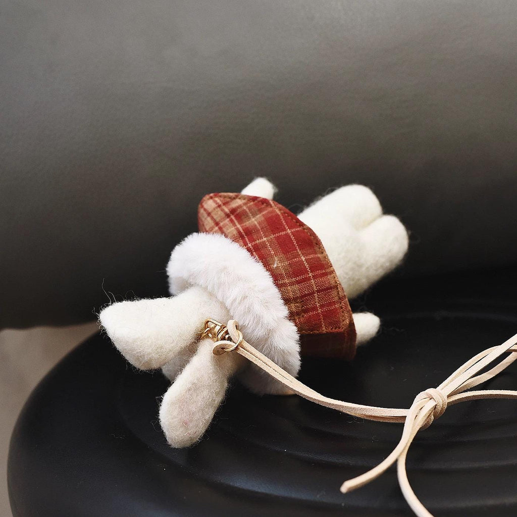 Handmade Felt Bunny Keychain, Winter Rabbit Bag Charm with Plaid Cape, Cute Wool Animal Pendant Gift for Her