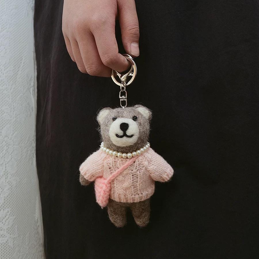 Handmade Felt Bear Keychain, Cute Wool Teddy Bag Charm with Pink Sweater and Mini Purse, Animal Pendant Gift for Her