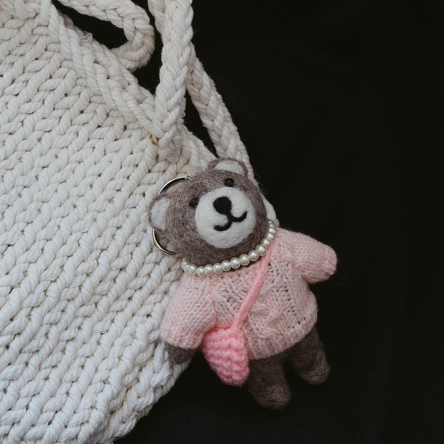 Handmade Felt Bear Keychain, Cute Wool Teddy Bag Charm with Pink Sweater and Mini Purse, Animal Pendant Gift for Her