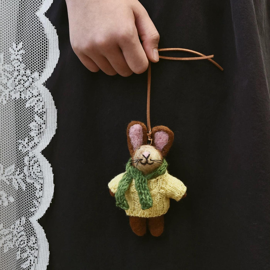 Handmade Felt Bunny Keychain, Yellow Sweater Rabbit Bag Charm with Green Scarf, Cute Wool Animal Pendant Gift for Her