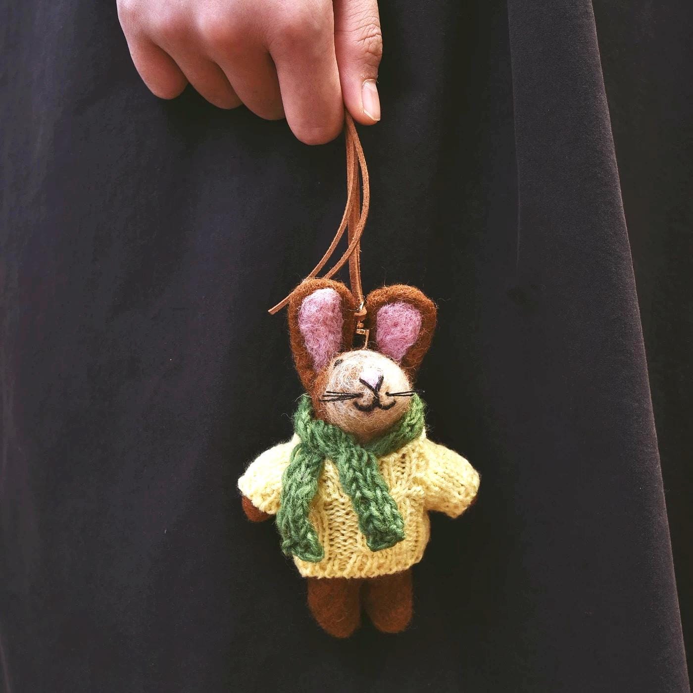 Handmade Felt Bunny Keychain, Yellow Sweater Rabbit Bag Charm with Green Scarf, Cute Wool Animal Pendant Gift for Her