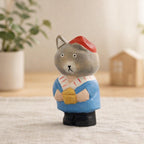 Hand Carved Wooden Wolf Figurine, Linden Wood Animal Sculpture with Red Hat, 9cm Handmade Woodland Decor Gift