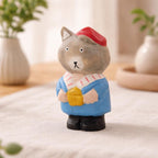 Hand Carved Wooden Wolf Figurine, Linden Wood Animal Sculpture with Red Hat, 9cm Handmade Woodland Decor Gift