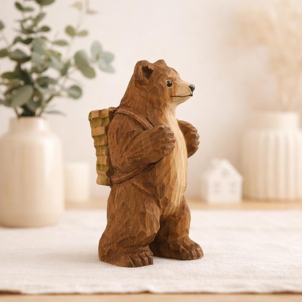 Hand Carved Wooden Bear Figurine, Linden Wood Hiking Bear Sculpture with Backpack, 10cm Handmade Woodland Decor Collectible
