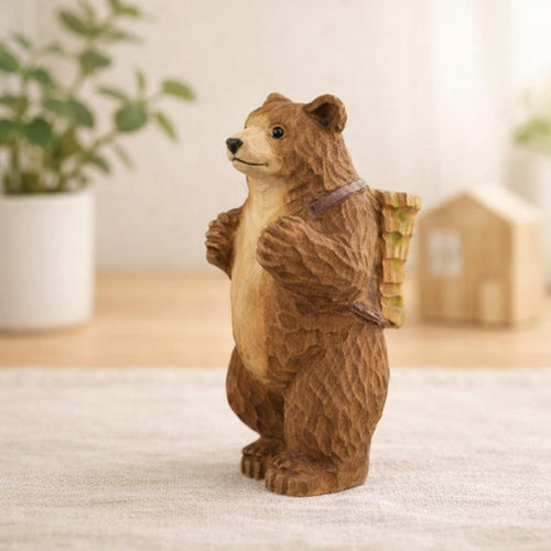 Hand Carved Wooden Bear Figurine, Linden Wood Hiking Bear Sculpture with Backpack, 10cm Handmade Woodland Decor Collectible