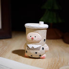 Hand Carved Wooden Bubble Tea Pig Figurine, Linden Wood Cute Boba Milk Tea Sculpture, Handmade Desk Decor, Kawaii Animal Gift