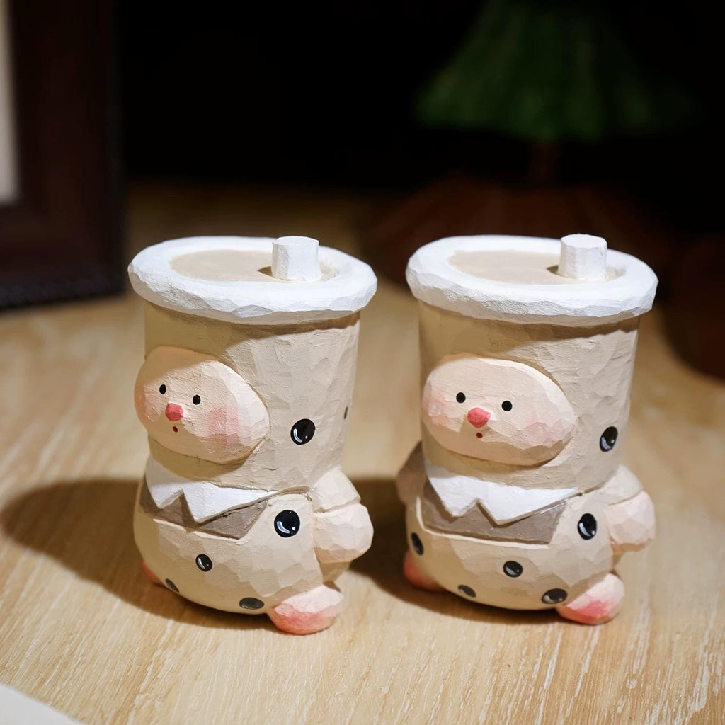 Hand Carved Wooden Bubble Tea Pig Figurine, Linden Wood Cute Boba Milk Tea Sculpture, Handmade Desk Decor, Kawaii Animal Gift