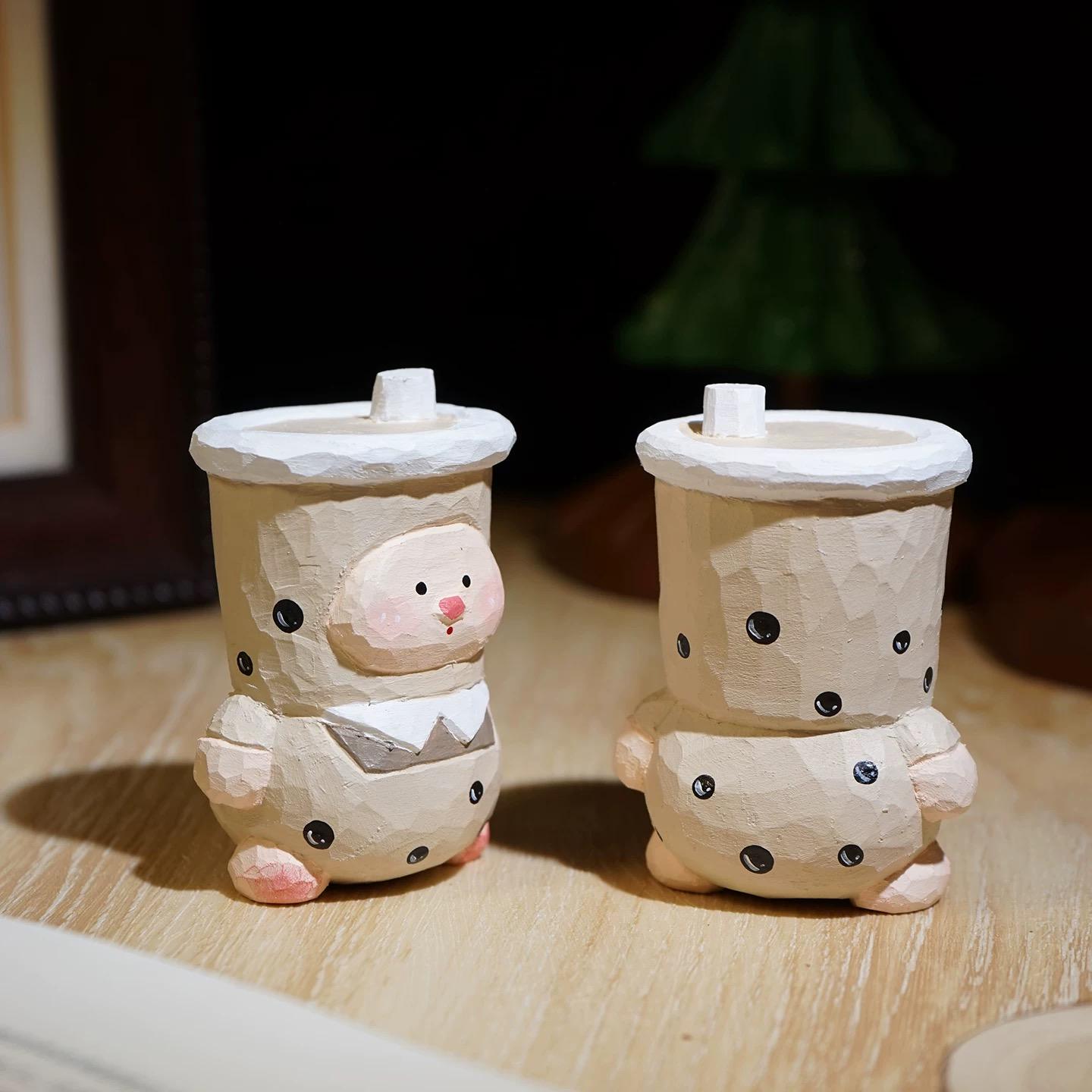Hand Carved Wooden Bubble Tea Pig Figurine, Linden Wood Cute Boba Milk Tea Sculpture, Handmade Desk Decor, Kawaii Animal Gift
