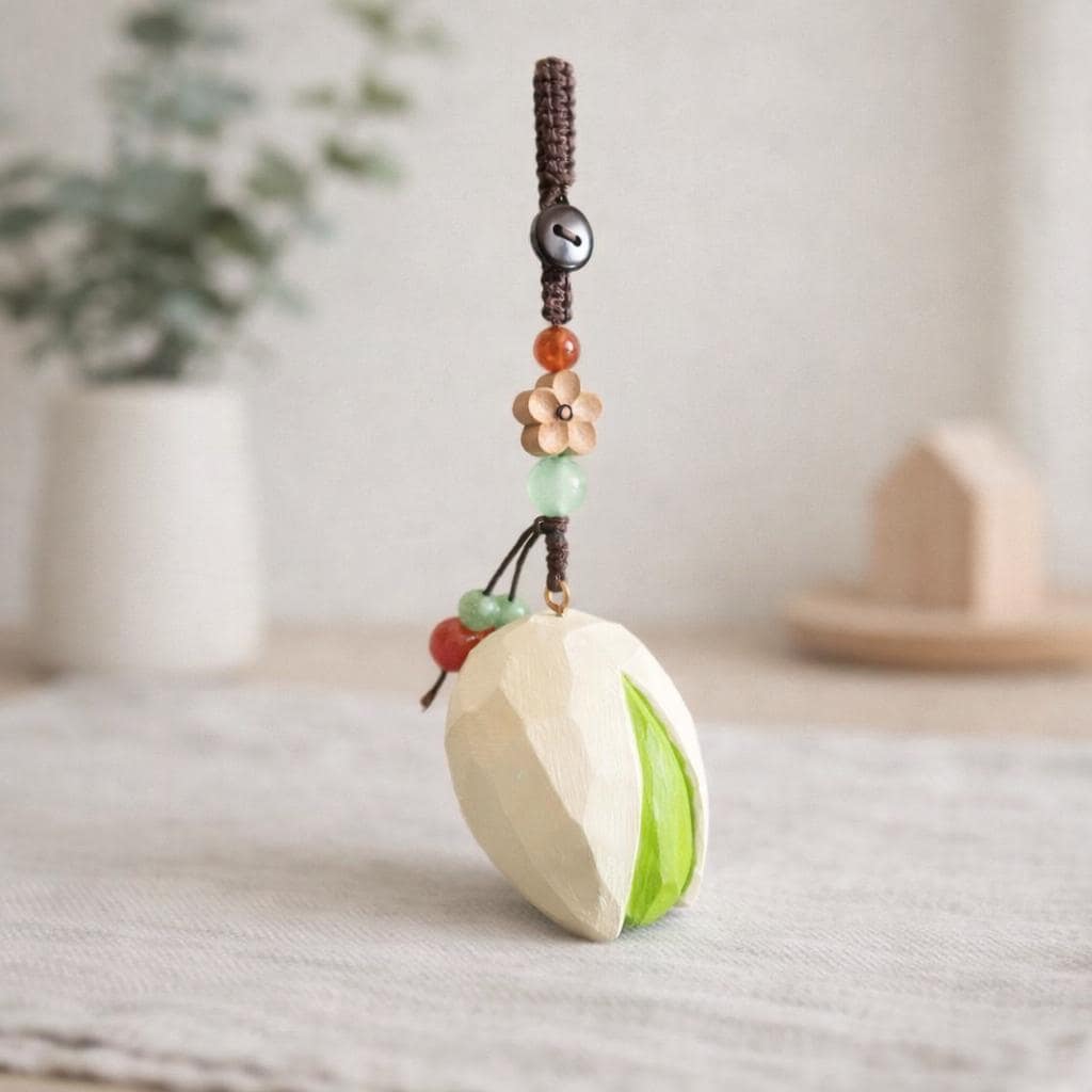Japanese Style Hand Carved Wooden Pistachio Keychain, Cute Nut Bag Charm, Handmade Wood Key Ring, Wood Carving Charm, Small Wooden Gift