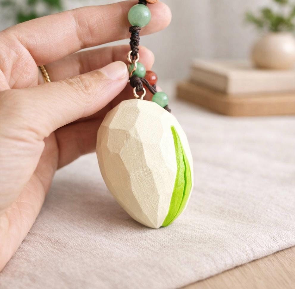 Japanese Style Hand Carved Wooden Pistachio Keychain, Cute Nut Bag Charm, Handmade Wood Key Ring, Wood Carving Charm, Small Wooden Gift