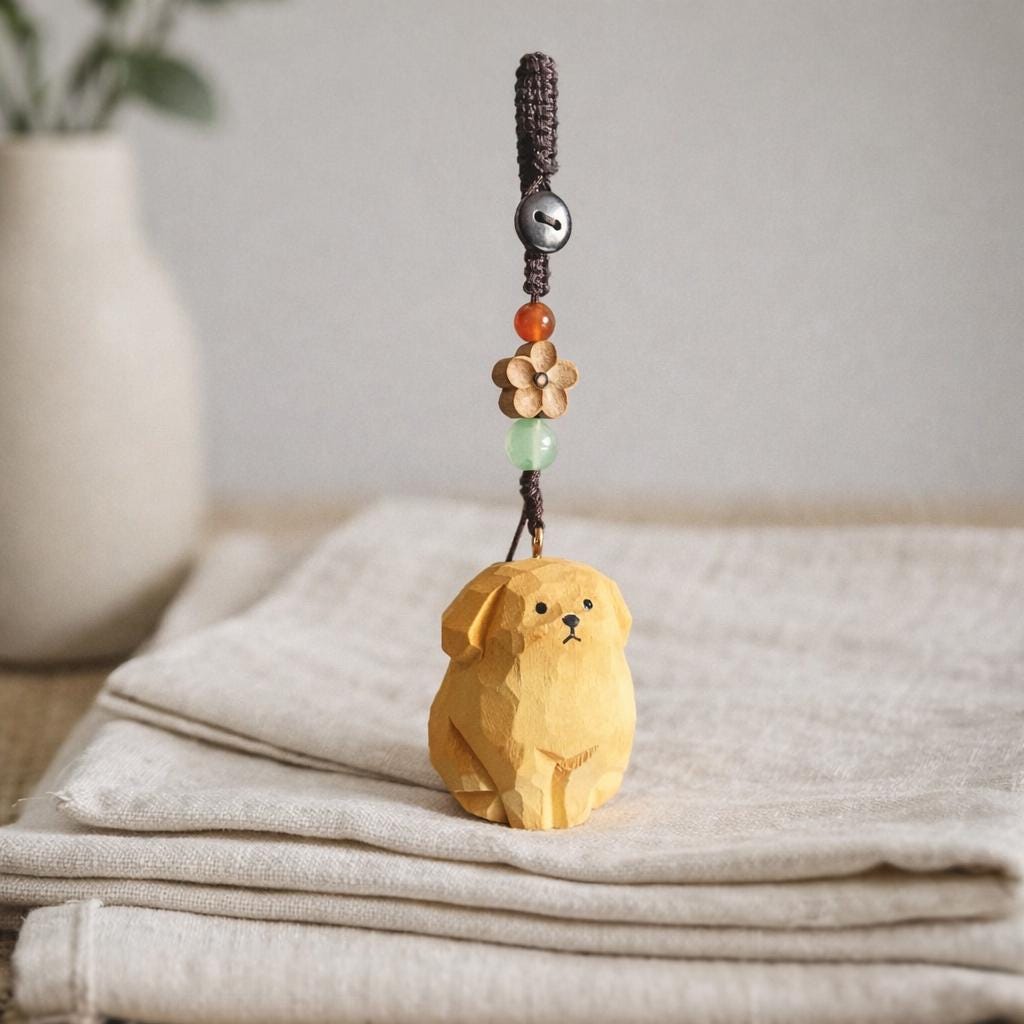 Japanese Hand Carved Wooden Golden Retriever Keychain, Cute Puppy Bag Charm, Handmade Wood Carving Key Ring, Dog Lover Gift, Car Keychain