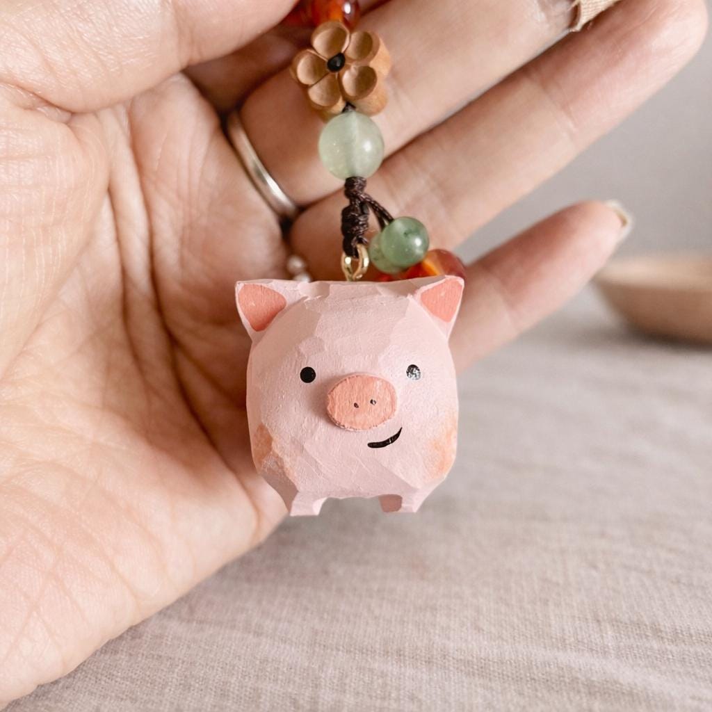 Japanese Style Hand Carved Pig Keychain, Cute Wooden Pig Bag Charm, Handmade Pig Pendant, Phone Chain Charm, Backpack Charm, Pig Lover Gift