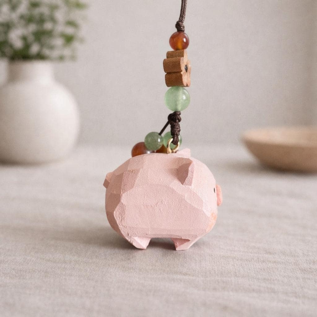 Japanese Style Hand Carved Pig Keychain, Cute Wooden Pig Bag Charm, Handmade Pig Pendant, Phone Chain Charm, Backpack Charm, Pig Lover Gift