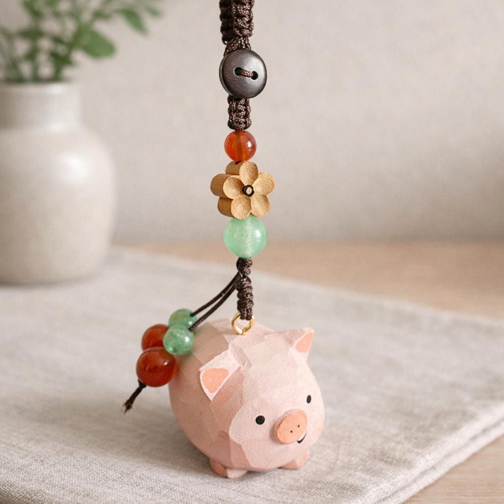 Japanese Style Hand Carved Pig Keychain, Cute Wooden Pig Bag Charm, Handmade Pig Pendant, Phone Chain Charm, Backpack Charm, Pig Lover Gift