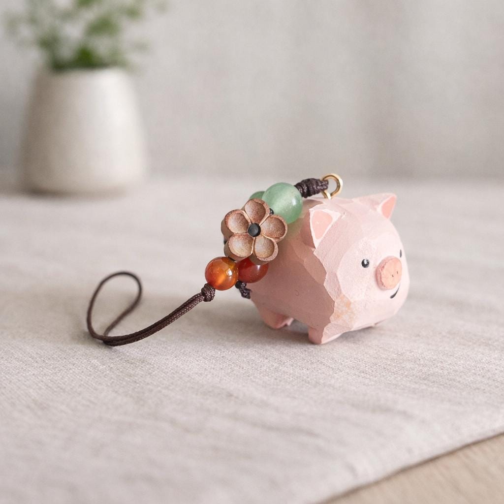Japanese Style Hand Carved Pig Keychain, Cute Wooden Pig Bag Charm, Handmade Pig Pendant, Phone Chain Charm, Backpack Charm, Pig Lover Gift