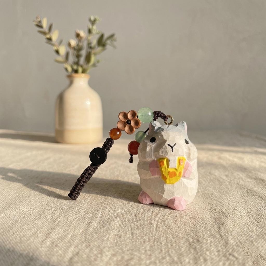 Hand Carved Wooden Mouse Keychain, Cute Animal Bag Charm, Handmade Key Holder Pendant, Wood Sculpture Gift, Backpack Car Key Accessory