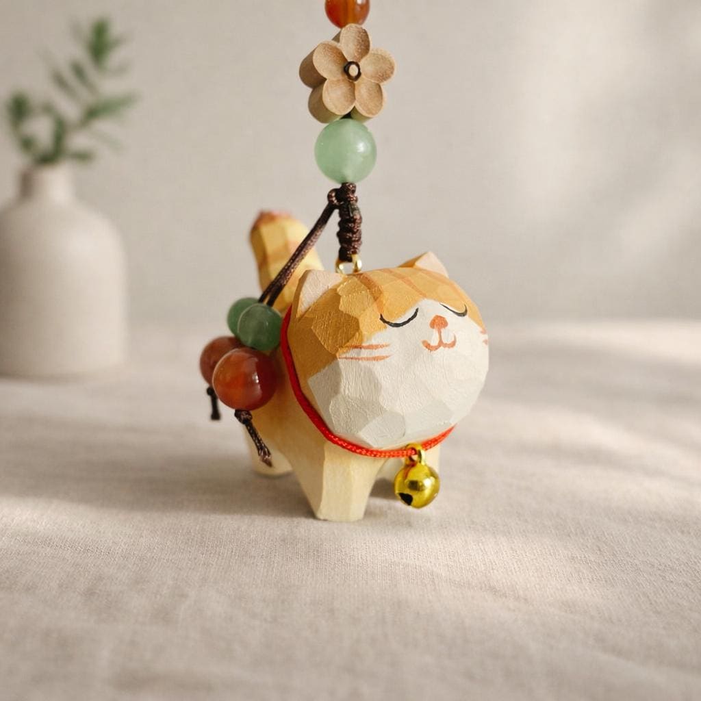Hand Carved Wooden Cat Keychain, Cute Cat Bag Charm, Handmade Wood Pendant Phone Charm, Car Hanging Ornament, Lucky Gift for Cat Lovers