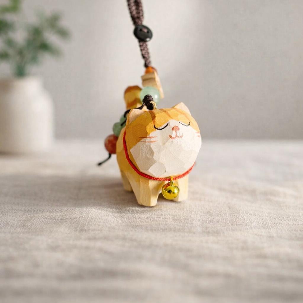 Hand Carved Wooden Cat Keychain, Cute Cat Bag Charm, Handmade Wood Pendant Phone Charm, Car Hanging Ornament, Lucky Gift for Cat Lovers