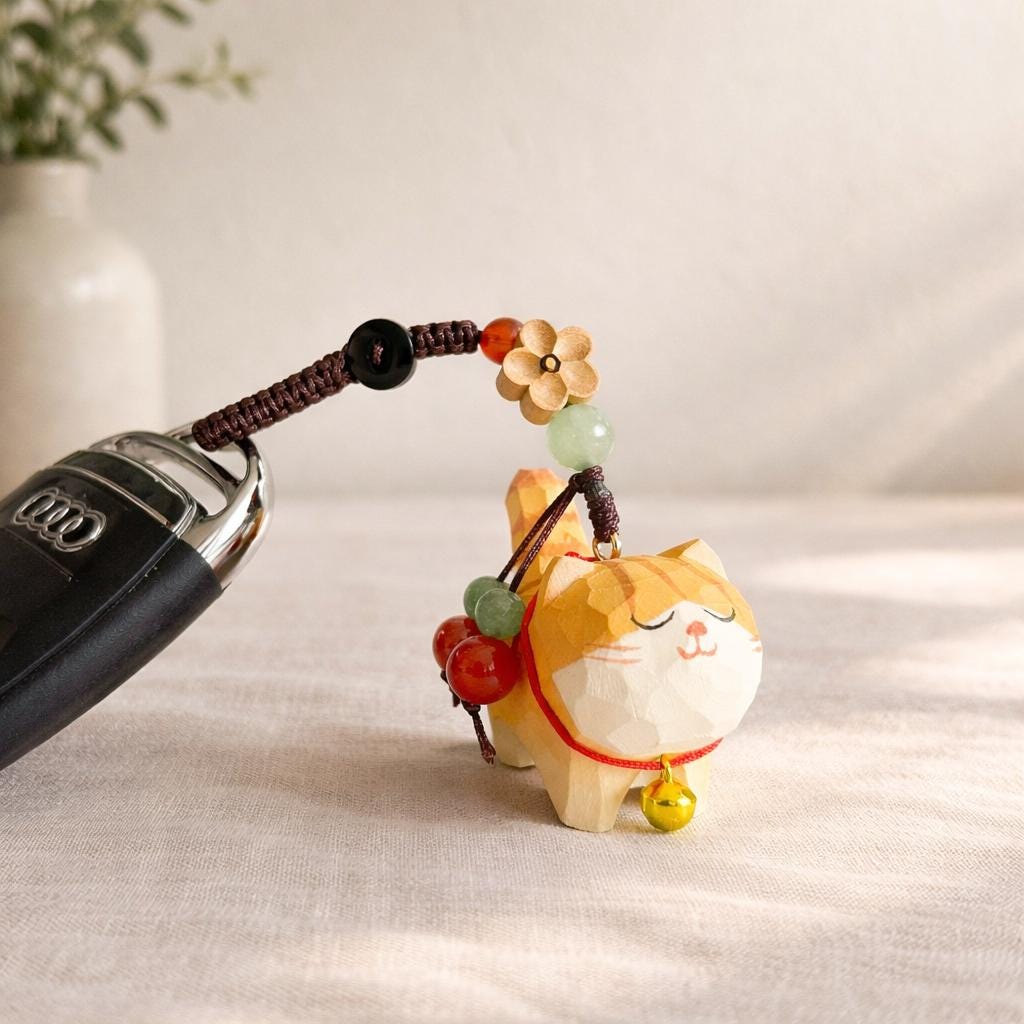 Hand Carved Wooden Cat Keychain, Cute Cat Bag Charm, Handmade Wood Pendant Phone Charm, Car Hanging Ornament, Lucky Gift for Cat Lovers