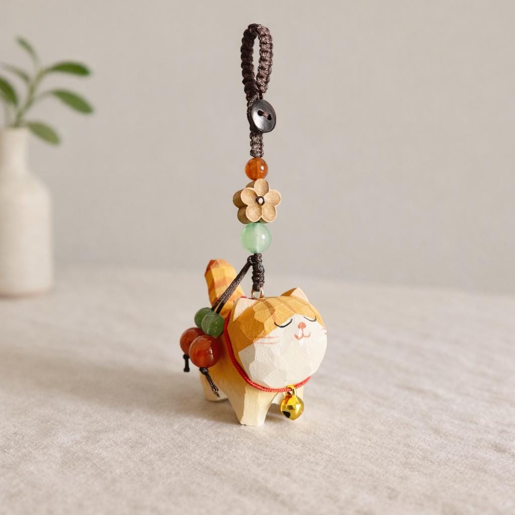 Hand Carved Wooden Cat Keychain, Cute Cat Bag Charm, Handmade Wood Pendant Phone Charm, Car Hanging Ornament, Lucky Gift for Cat Lovers