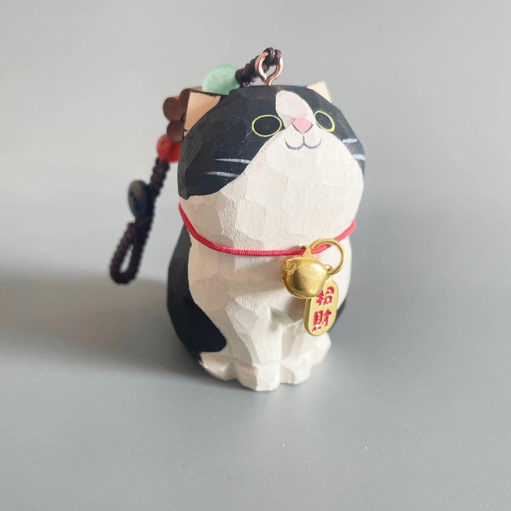Japanese Traditional Hand Carved Lucky Cat Keychain, Wooden Cat Bag Charm, Handmade Phone Charm, Maneki Key Ring, Cute Cat Purse Charm Gift