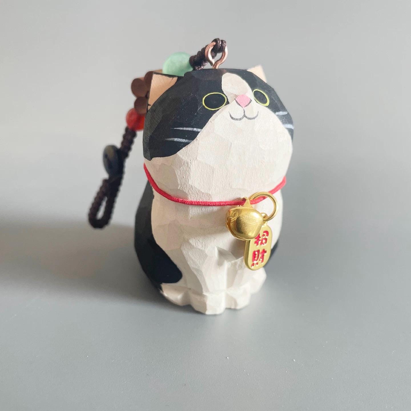 Japanese Traditional Hand Carved Lucky Cat Keychain, Wooden Cat Bag Charm, Handmade Phone Charm, Maneki Key Ring, Cute Cat Purse Charm Gift