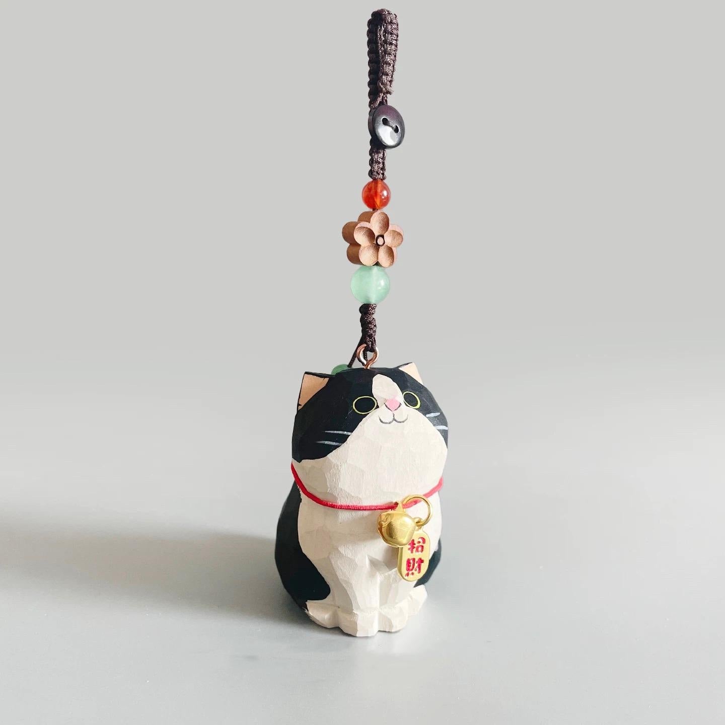 Japanese Traditional Hand Carved Lucky Cat Keychain, Wooden Cat Bag Charm, Handmade Phone Charm, Maneki Key Ring, Cute Cat Purse Charm Gift