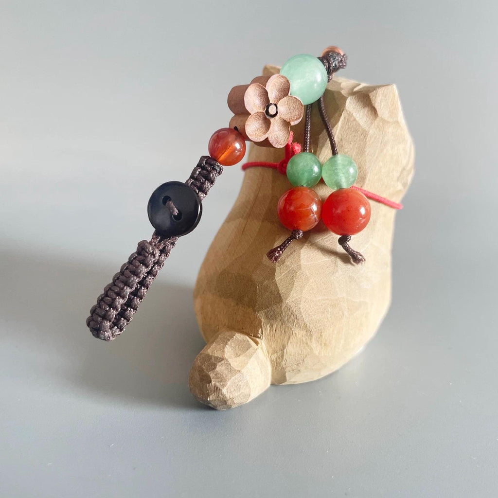 Japanese Hand Carved Wooden Lucky Cat Keychain, Maneki Neko Bag Charm, Handmade Wood Phone Charm, Cute Key Ring, Lucky Cat Purse Charm Gift