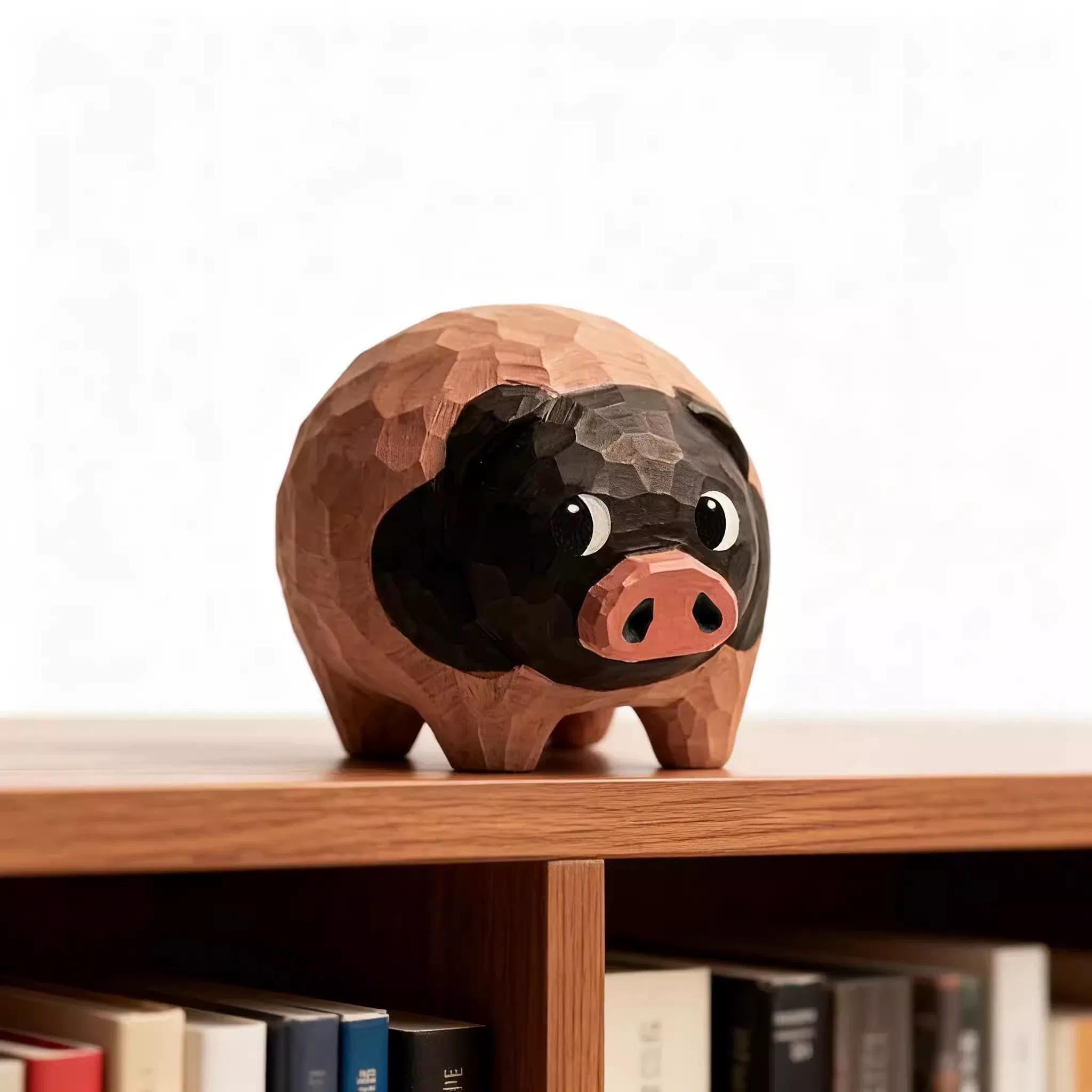 Hand Carved Wooden Pig Figurine, Japanese Style Wood Pig Sculpture, Eco Friendly Renewable Wood Desk Decor, Handmade Animal Miniature Gift