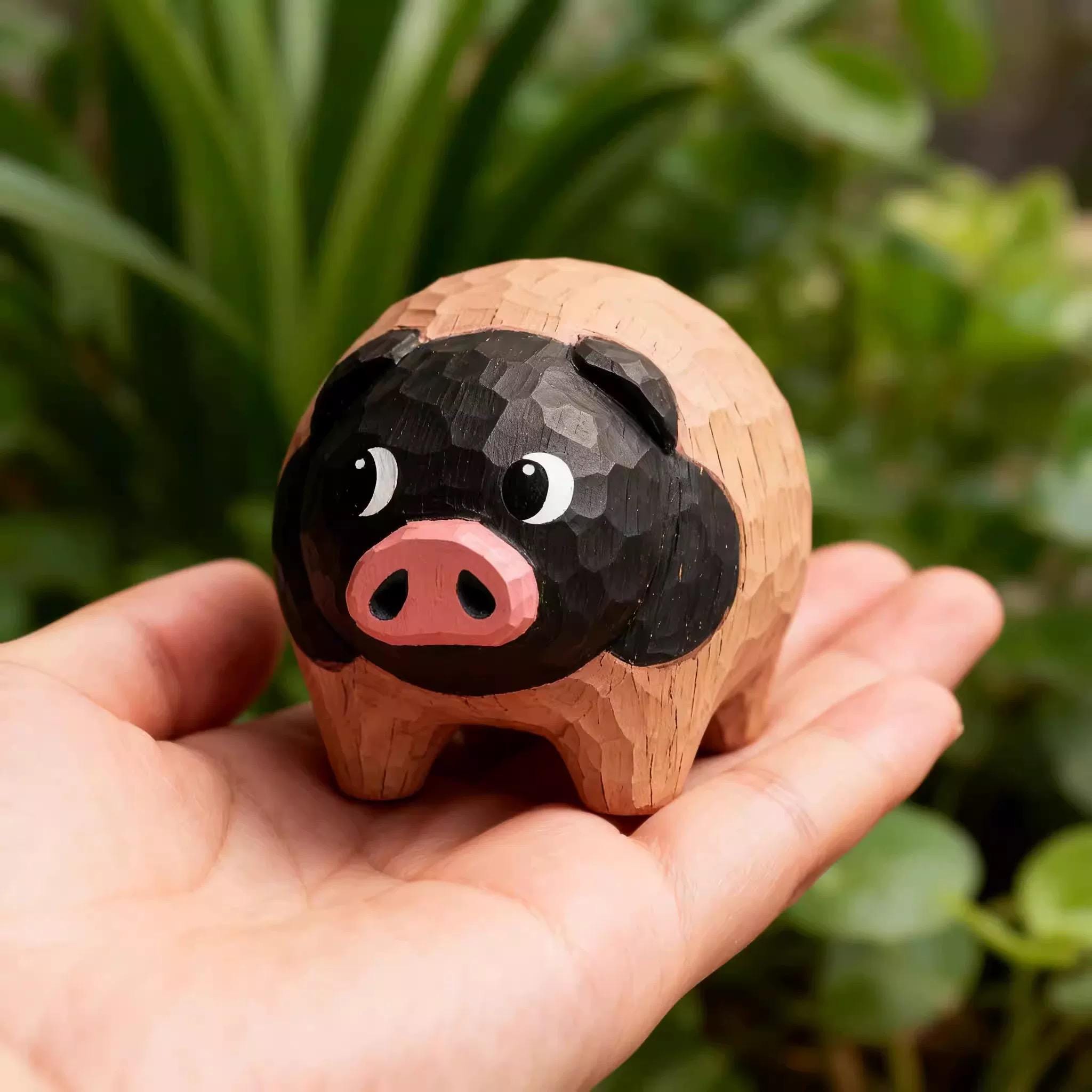 Hand Carved Wooden Pig Figurine, Japanese Style Wood Pig Sculpture, Eco Friendly Renewable Wood Desk Decor, Handmade Animal Miniature Gift