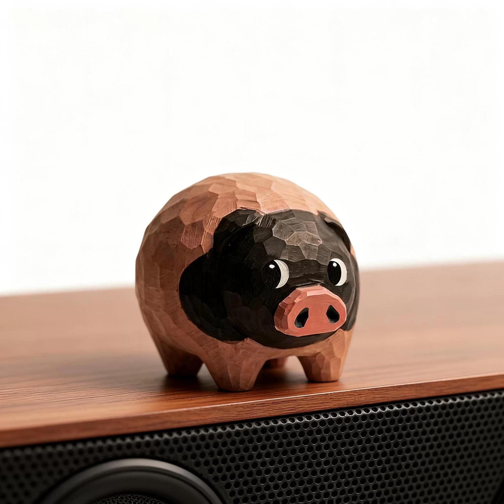 Hand Carved Wooden Pig Figurine, Japanese Style Wood Pig Sculpture, Eco Friendly Renewable Wood Desk Decor, Handmade Animal Miniature Gift