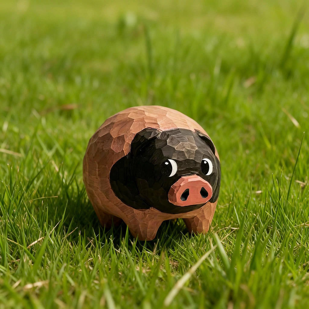 Hand Carved Wooden Pig Figurine, Japanese Style Wood Pig Sculpture, Eco Friendly Renewable Wood Desk Decor, Handmade Animal Miniature Gift