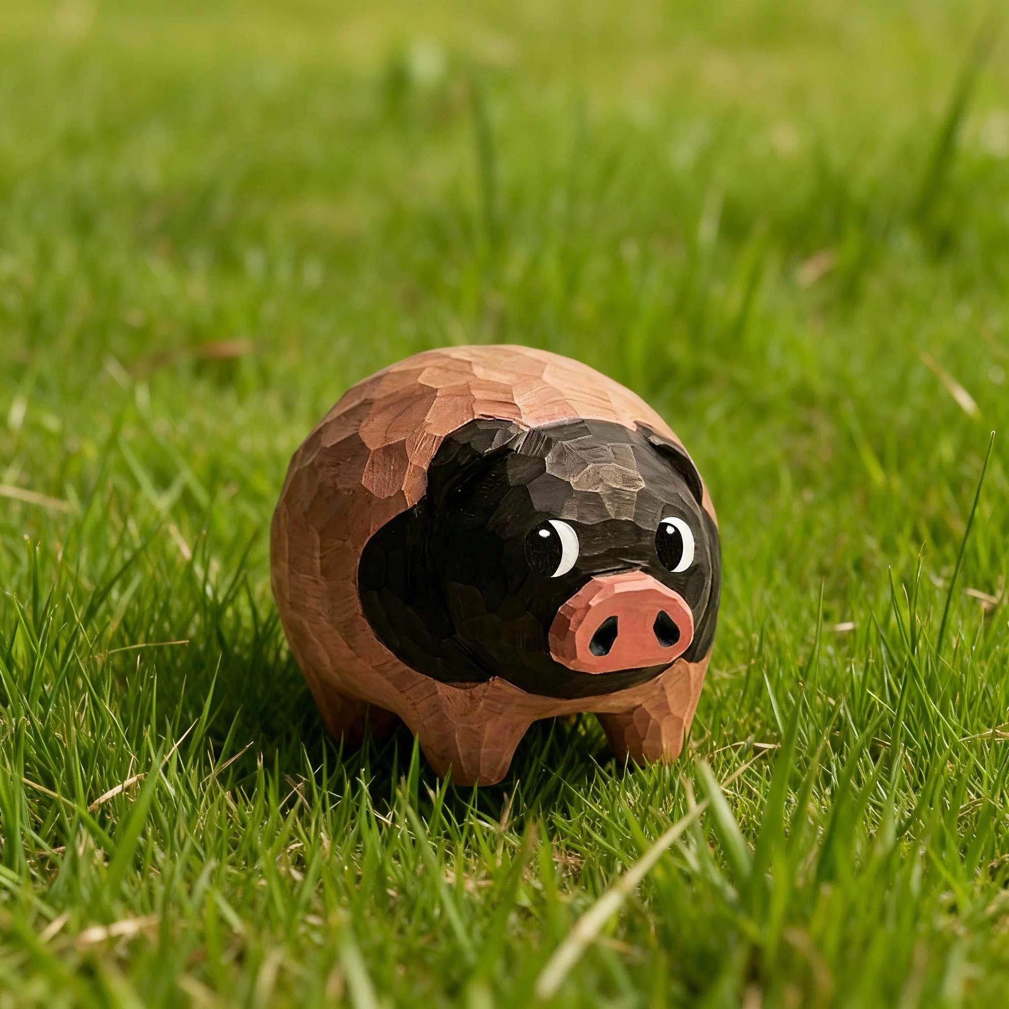 Hand Carved Wooden Pig Figurine, Japanese Style Wood Pig Sculpture, Eco Friendly Renewable Wood Desk Decor, Handmade Animal Miniature Gift